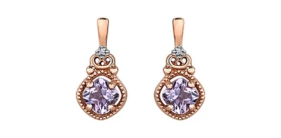 10K Rose Gold Pink Amethyst and Diamond Dangle Earrings