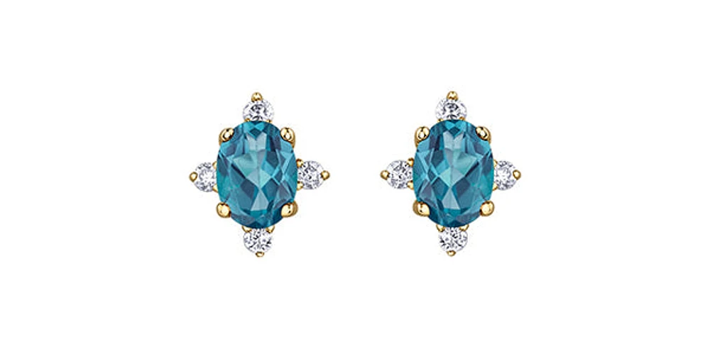 10K Yellow Gold Blue Topaz and Diamond Earrings