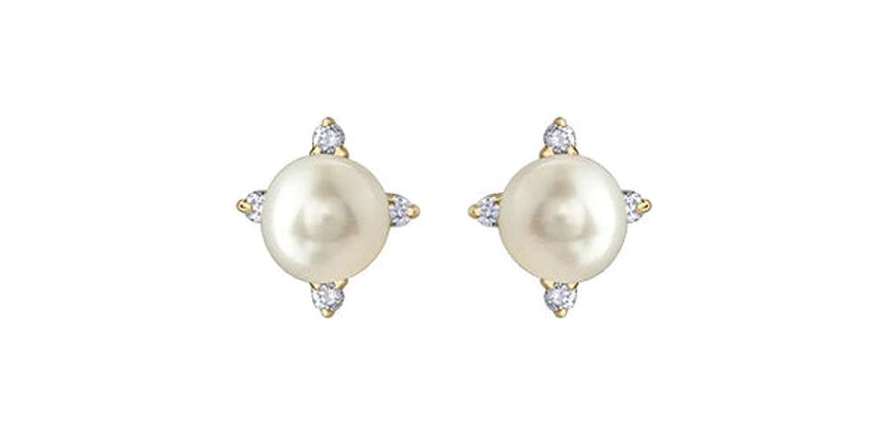 10K Yellow Gold Pearl and Diamond Earrings with Butterfly Backs