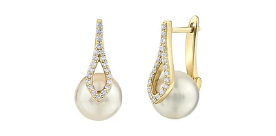10K Yellow Gold 8mm Cultured Pearl and 0.18cttw Diamond Dangle Earrings