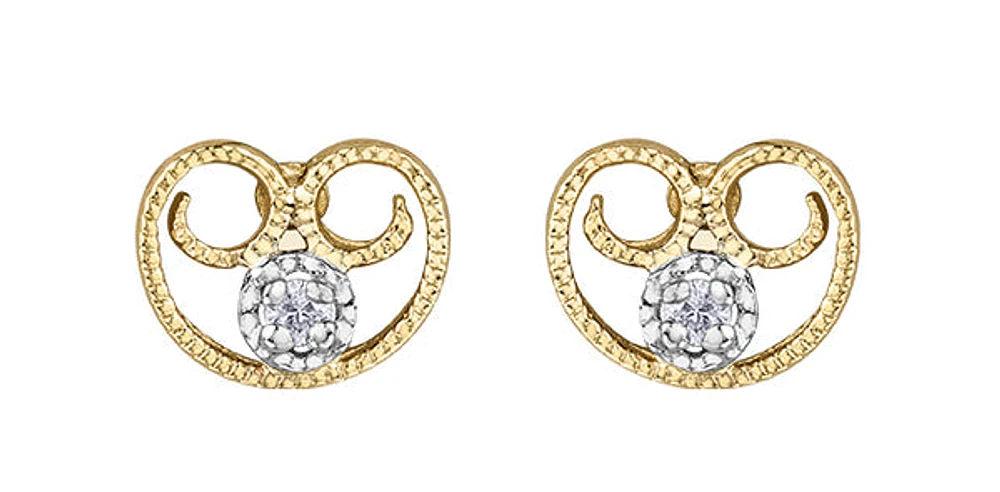 10K Yellow Gold Diamond Filigree Antique Heart Earrings 0.02cttw