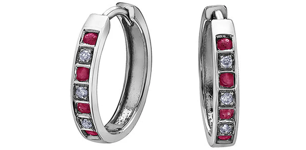10K White Gold 0.16cttw Genuine Ruby & 0.03cttw Diamond Hoop Huggie Hinged Earrings