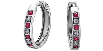 10K White Gold 0.16cttw Genuine Ruby & 0.03cttw Diamond Hoop Huggie Hinged Earrings