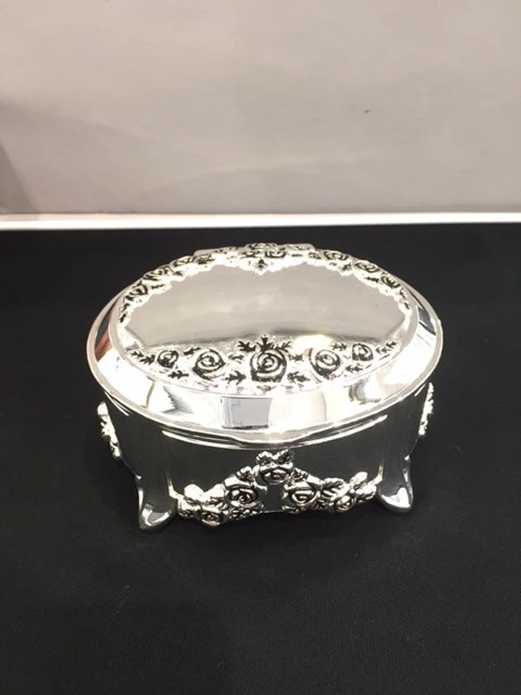 Silver Plated Oval with Roses Musical Trinket Box with Legs