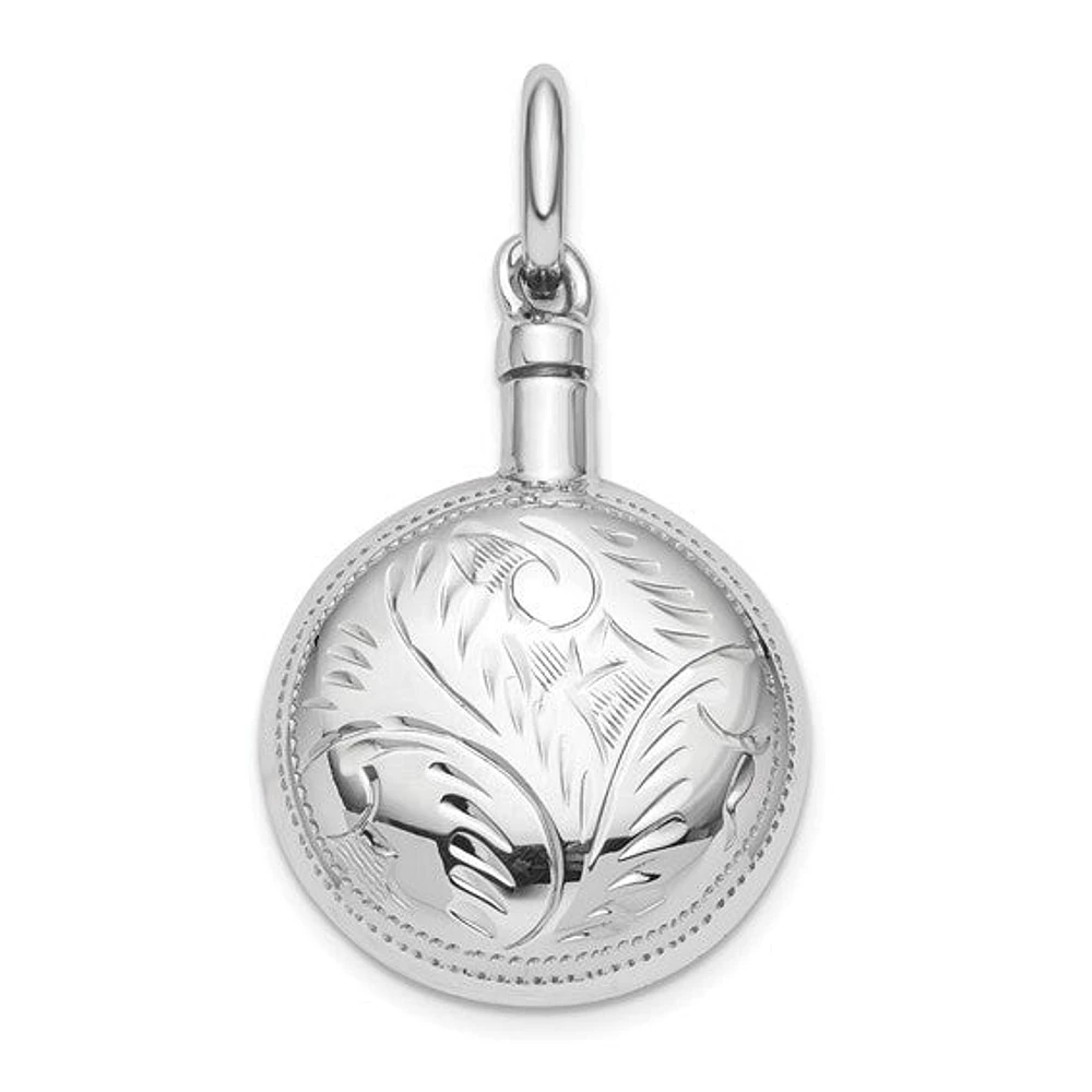 925 Sterling Silver Rhodium Plated Round Filigree Polished Screw Top Ash Holder Pendant - 39mm x 21mm