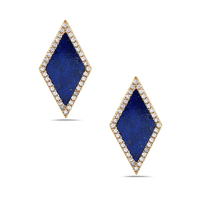 14K Yellow Gold 1.26cttw Lapis Lazuli and 0.18cttw Diamond Halo Stud Earrings