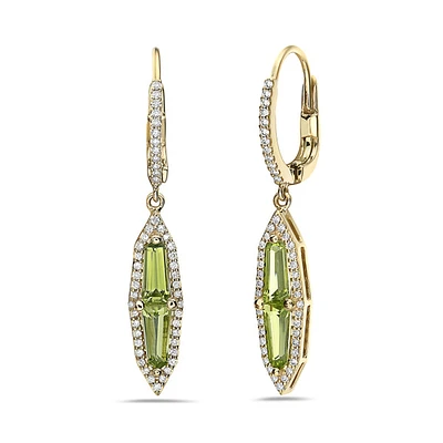 14K Yellow Gold 1.61cttw Peridot and 0.30cttw Diamond Dangle Earrings