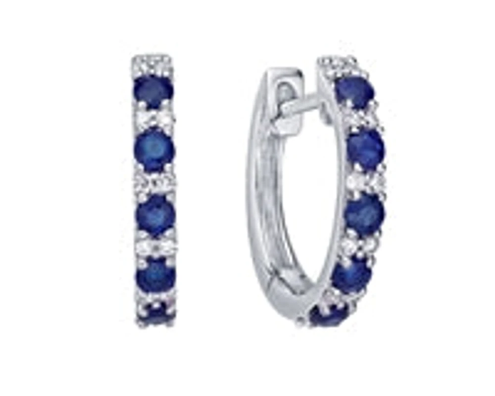 10K White Gold 0.70cttw Genuine Sapphire and 0.15cttw Diamond Hoop / Huggie Earrings