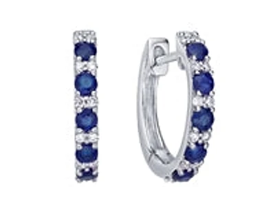 10K White Gold 0.70cttw Genuine Sapphire and 0.15cttw Diamond Hoop / Huggie Earrings