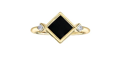 10K Yellow Gold 6mm Onyx And 0.084cttw Canadian Diamond Ring