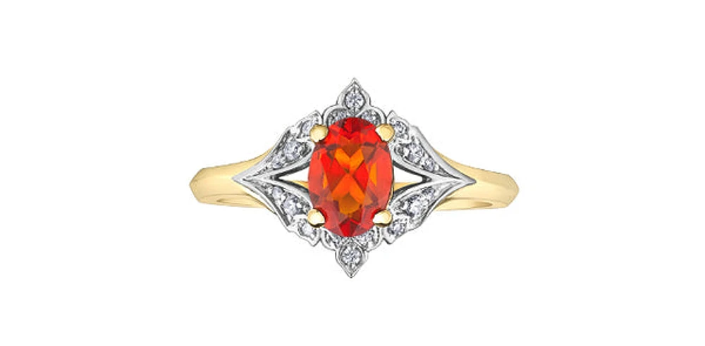 10K Two Tone Fire Opal & Diamond Ring
