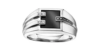 10K White Gold 0.04cttw Black Diamond Ring With Onyx Gents Ring, Size 10
