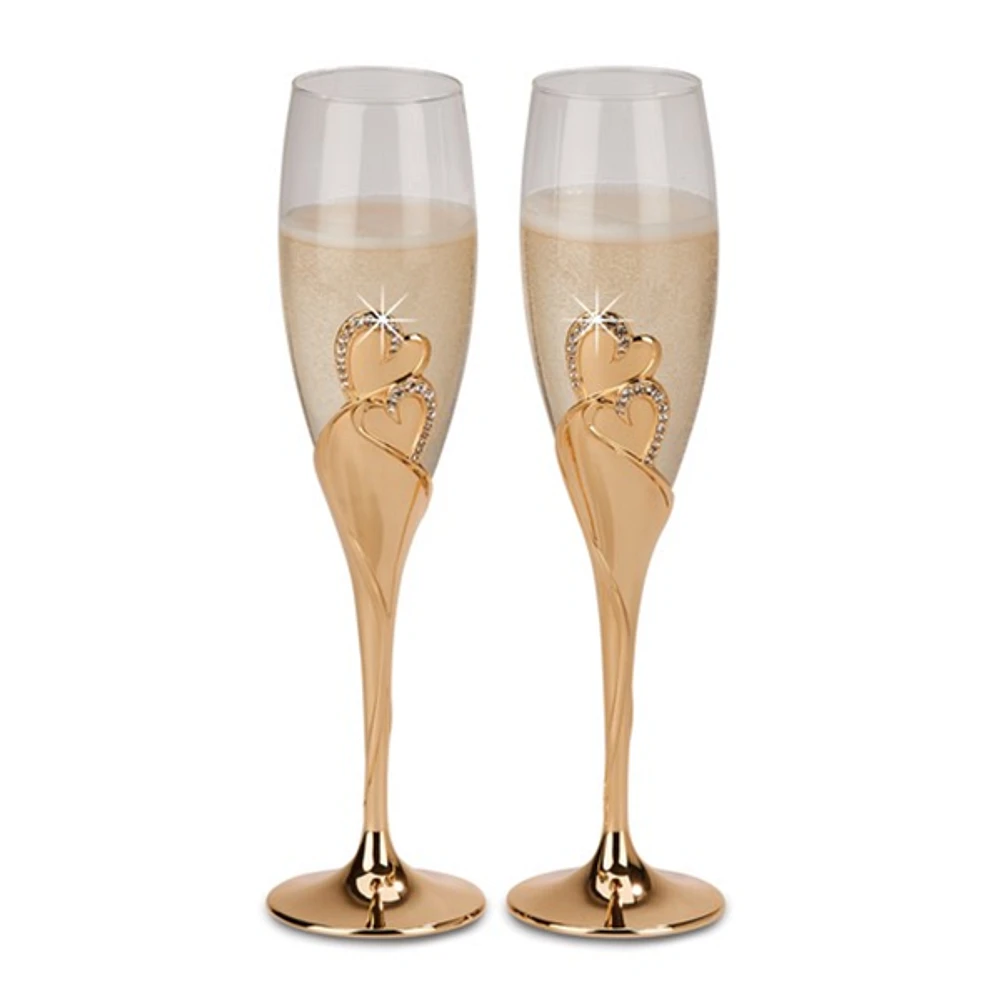 2 Pieces Champagne Flutes Gold Tone Everlasting Heart Design