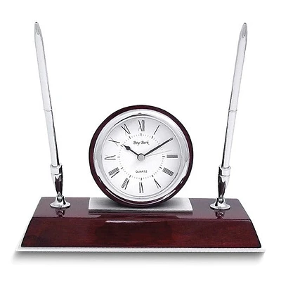 Dresden Polished Rosewood Finish Quartz Desk Clock with 2 Pens and Engraving Plate