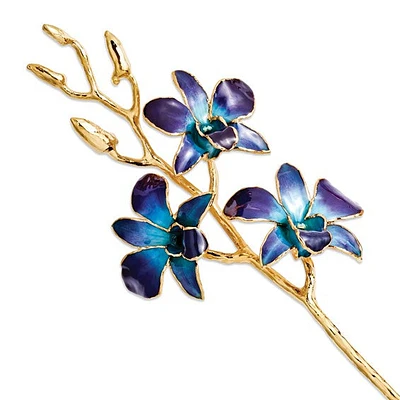 24K Gold Dipped Lacquered Genuine Purple and Blue Real Orchid Stem