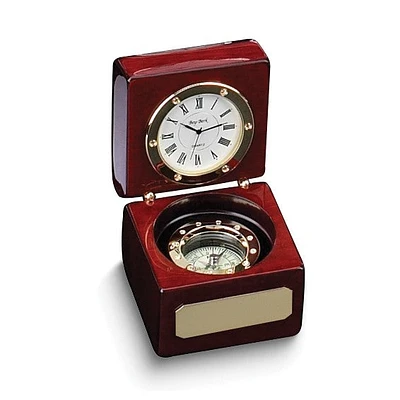 Rosewood Finish Wood Box with Compass and Clock and Engraving Plate