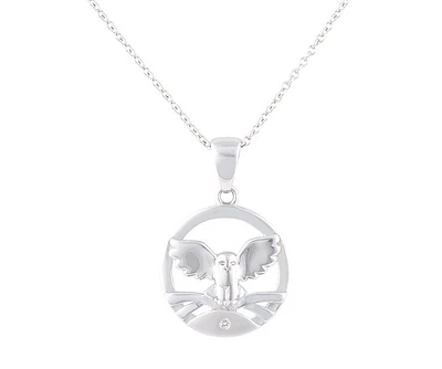 925 Sterling Silver 0.015cttw Canadian Diamond Great Snowy Owl Pendant