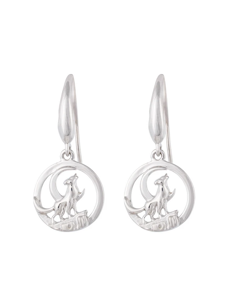 925 Sterling Silver 0.01cttw Canadian Diamond Howling Wolf Dangle Earrings