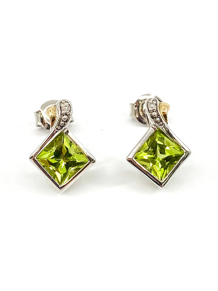 10K White & Yellow Gold 1.80cttw Genuine Peridot and 0.01cttw Diamond Earrings