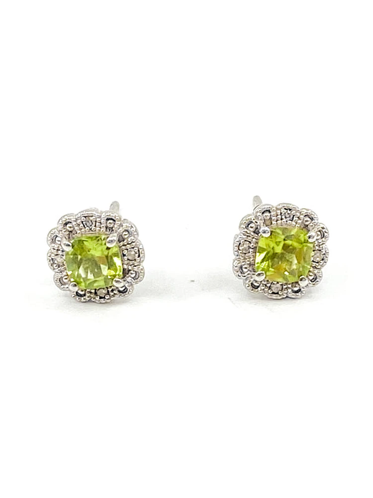10K White Gold 1.00cttw Genuine Peridot and 0.03cttw Diamond Halo Earrings