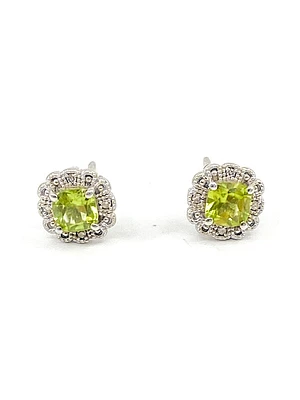 10K White Gold 1.00cttw Genuine Peridot and 0.03cttw Diamond Halo Earrings