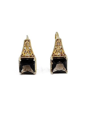 10K Yellow Gold 2.0cttw Smokey Quartz and 0.01cttw Diamond Dangle / Drop Earrings