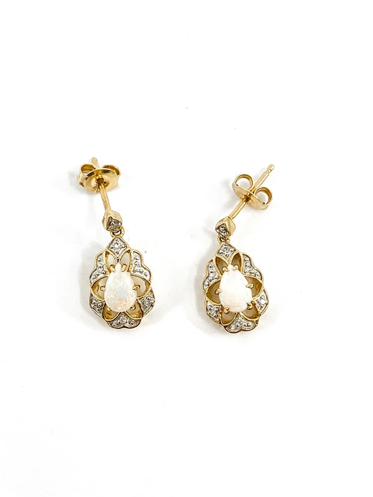 10K Yellow Gold 0.50cttw Genuine Opal and 0.06cttw Diamond Earrings