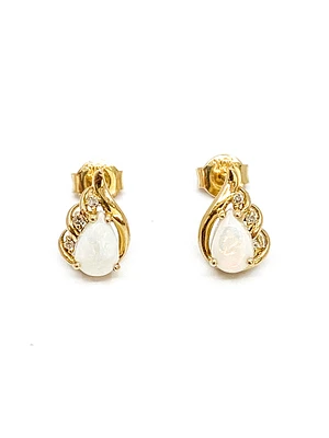 10K Yellow Gold 0.65cttw Genuine Opal and 0.03cttw Diamond Earrings