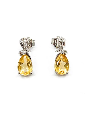 10K White Gold 1.25cttw Genuine Citrine & 0.032cttw Diamond Earrings