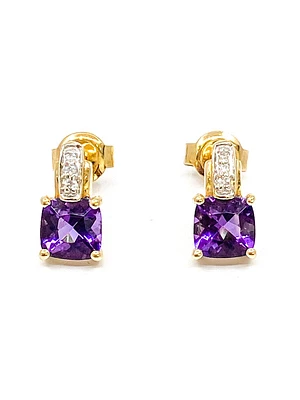 10K Yellow Gold 1.00cttw Genuine Amethyst & 0.025cttw Diamond Earrings