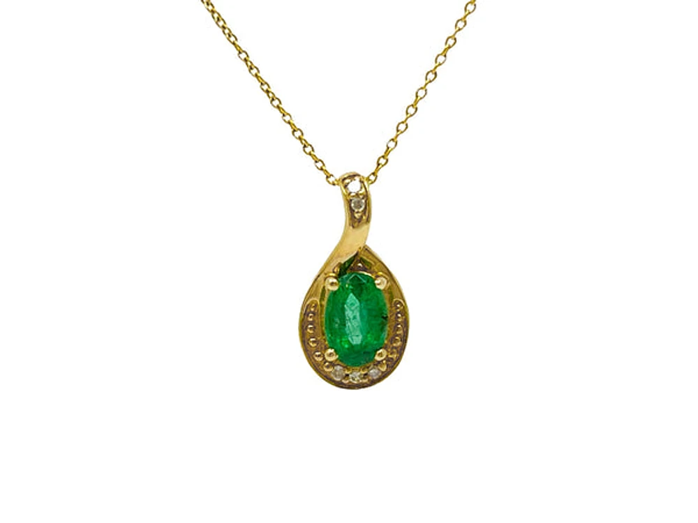 10K Yellow Gold 6x4mm Emerald and 0.03cttw Diamond Pendant, 18"