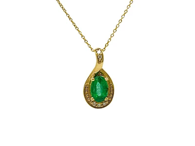 10K Yellow Gold 6x4mm Emerald and 0.03cttw Diamond Pendant, 18"