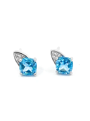 10K White Gold 1.50cttw Genuine Blue Topaz & 0.023cttw Diamond Earrings