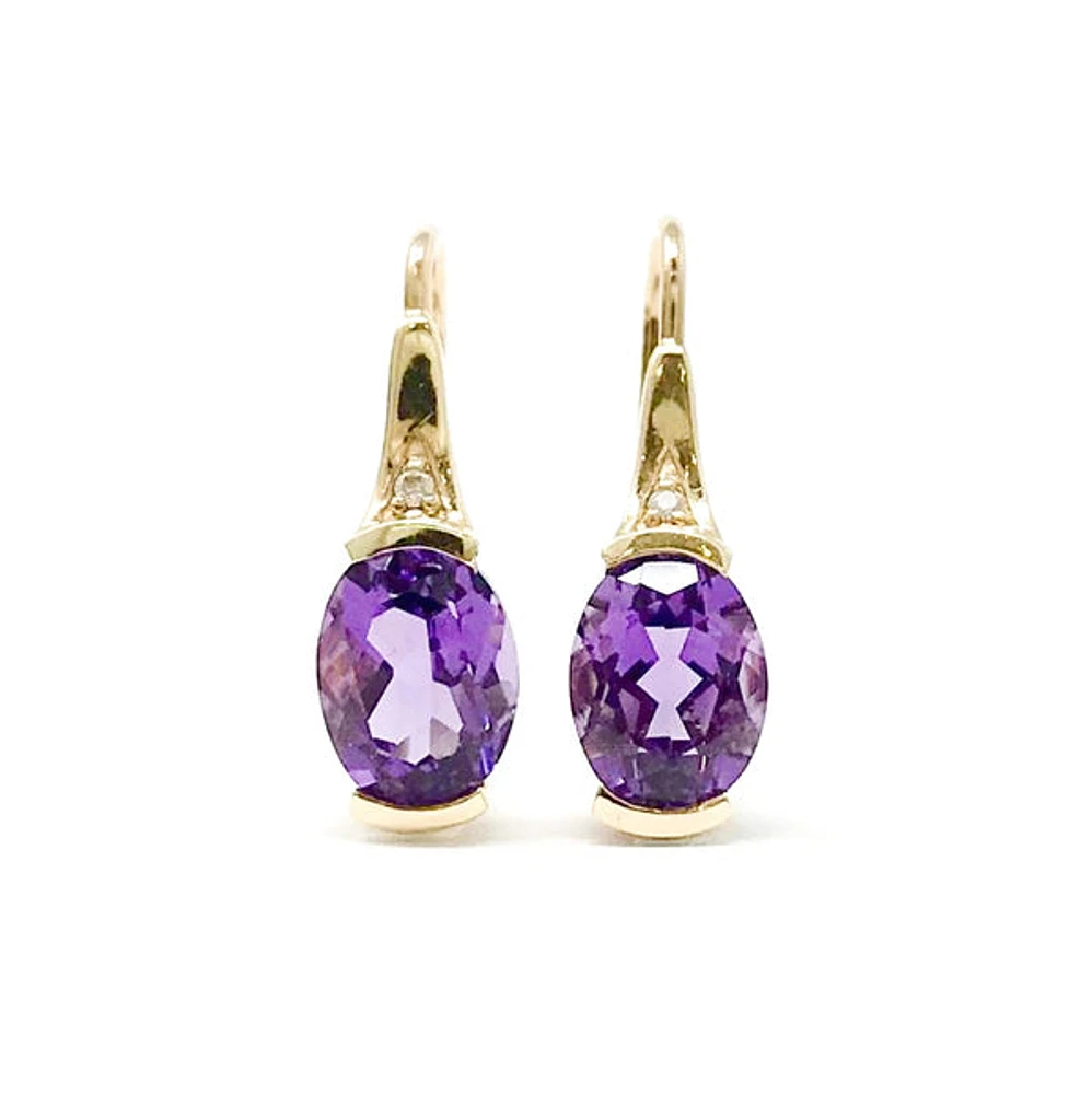 10K Yellow Gold 2.40cttw Genuine Amethyst and 0.02cttw Diamond Dangle / Drop Earrings
