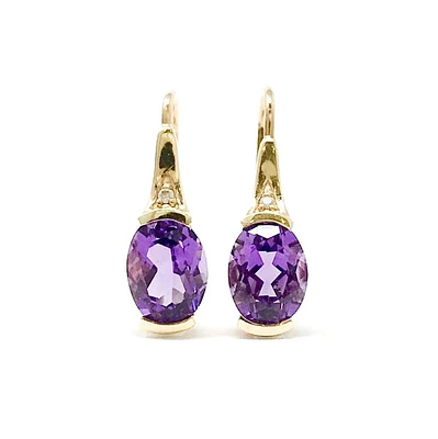 10K Yellow Gold 2.40cttw Genuine Amethyst and 0.02cttw Diamond Dangle / Drop Earrings