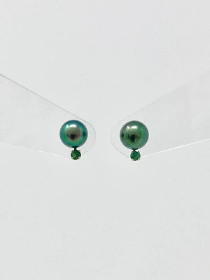 Cultured Black Pearl with Emerald Earrings