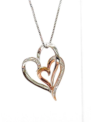 10K White & Rose Gold 0.035cttw Diamond Double Heart Pendant, 18"