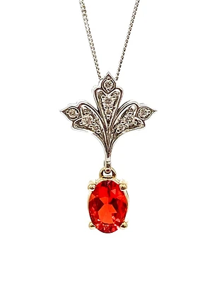 10K White & Yellow Gold 0.50cttw Genuine Fire Opal & 0.08cttw Diamond Pendant, 18"