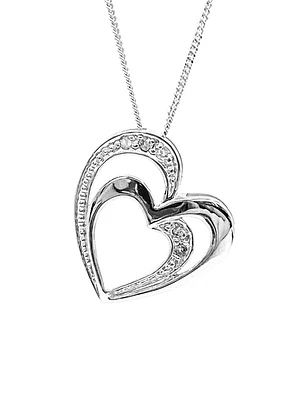 10K White Gold 0.03cttw Diamond Double Heart Pendant, 18"