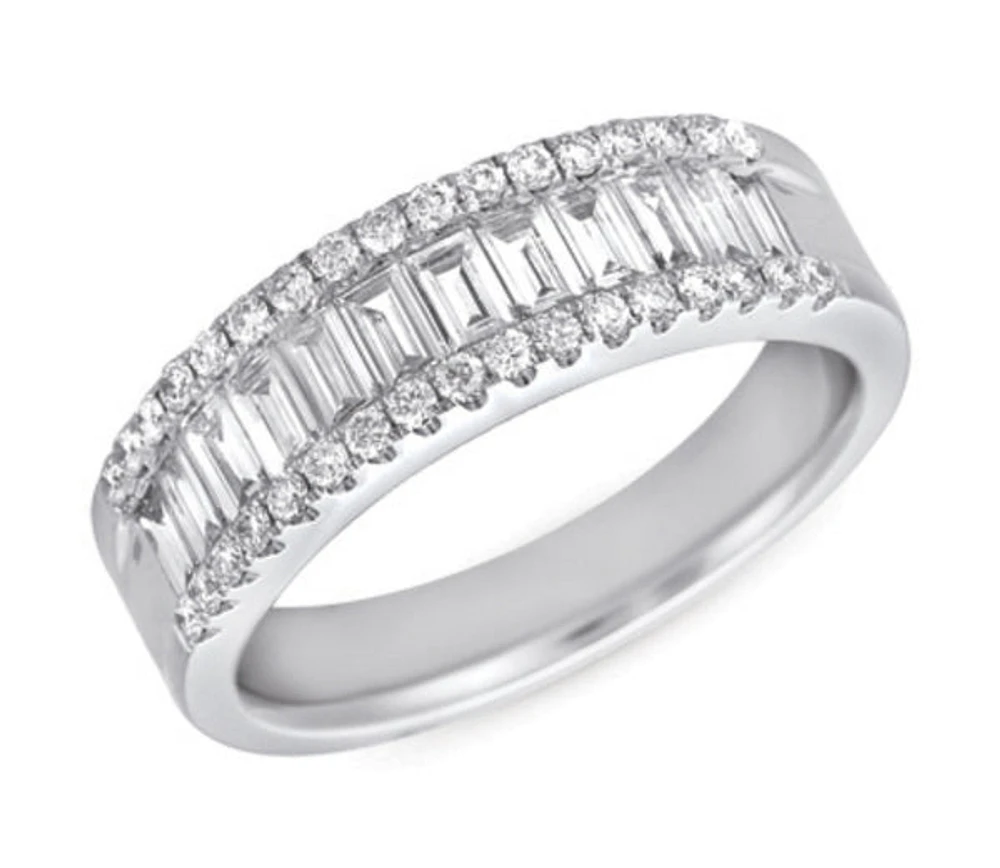 14K White Gold 0.97cttw Baguette Cut & Round Brilliant Cut Diamond Ring, size 6