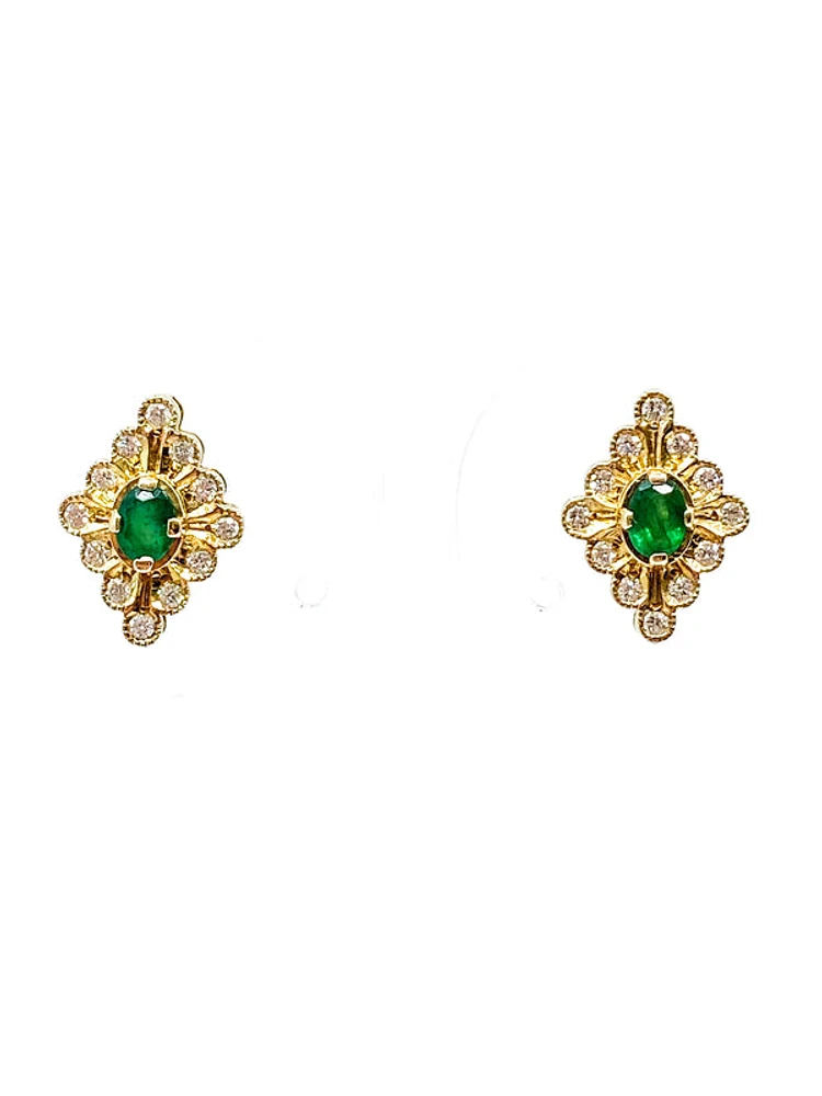 10K Yellow Gold 0.35cttw Emerald and 0.24cttw Diamond Halo Stud Earrings