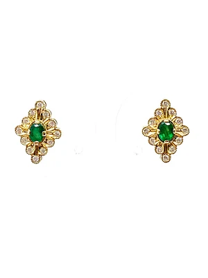 10K Yellow Gold 0.35cttw Emerald and 0.24cttw Diamond Halo Stud Earrings