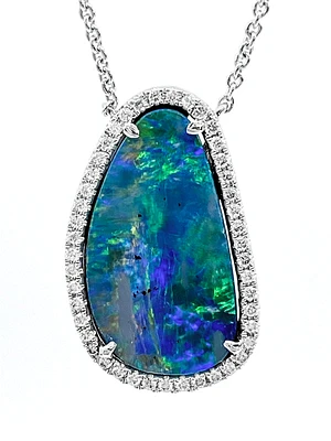14K White Gold Custom Made 5.58cttw Boulder Opal and 0.24cttw Diamond Pendant - 18 Inches