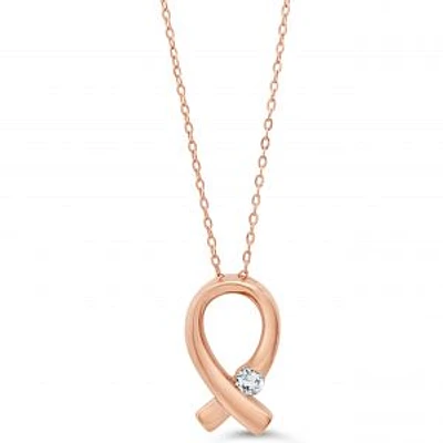 10K Rose Gold 0.035cttw Diamond Pink Ribbon Pendant, 18"