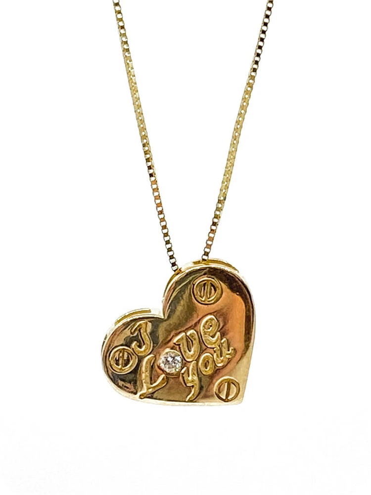 10K Yellow Gold 0.015cttw Diamond Heart "I Love You" Pendant, 18"