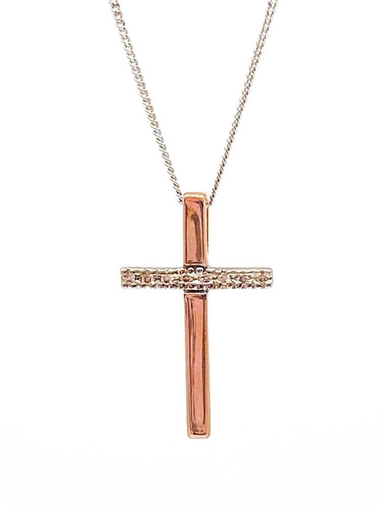 10K White & Rose Gold 0.02cttw Diamond Cross Pendant, 18"