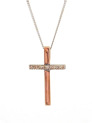 10K White & Rose Gold 0.02cttw Diamond Cross Pendant, 18"