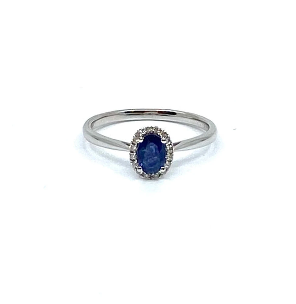 10K White Gold Genuine Sapphire & Diamond Oval Cut Halo Ring, size 7