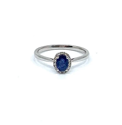 10K White Gold  Genuine Sapphire & Diamond Oval Cut Halo Ring, size 7