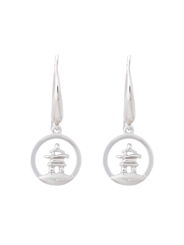 925 Sterling Silver 0.01cttw Canadian Diamond Inukshuk Dangle Earrings